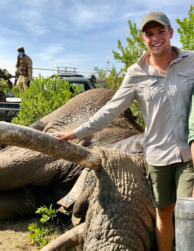 Jack Ogden with a collared elephant