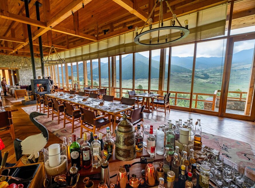 Restaurant interior view from the bar at Six Senses Gangtey