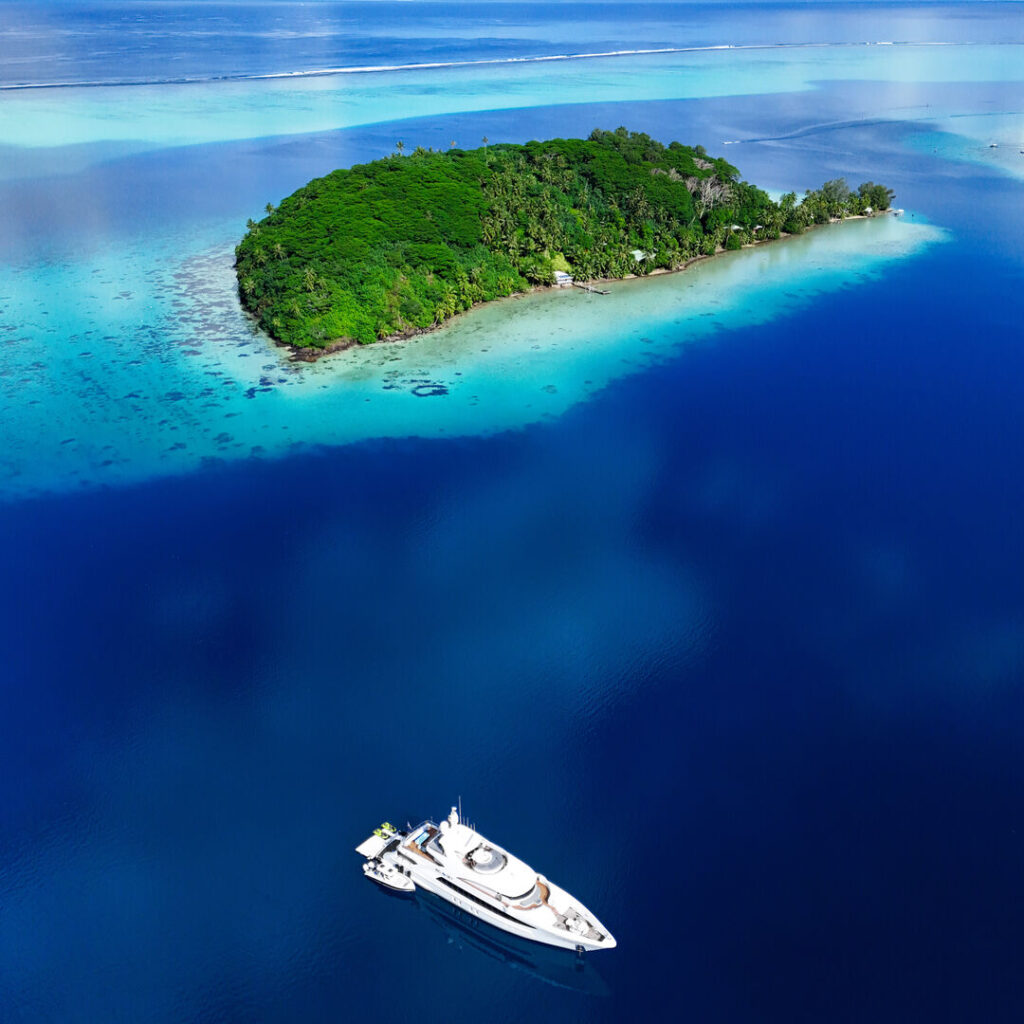 Superyacht in French Polynesia, drone shot