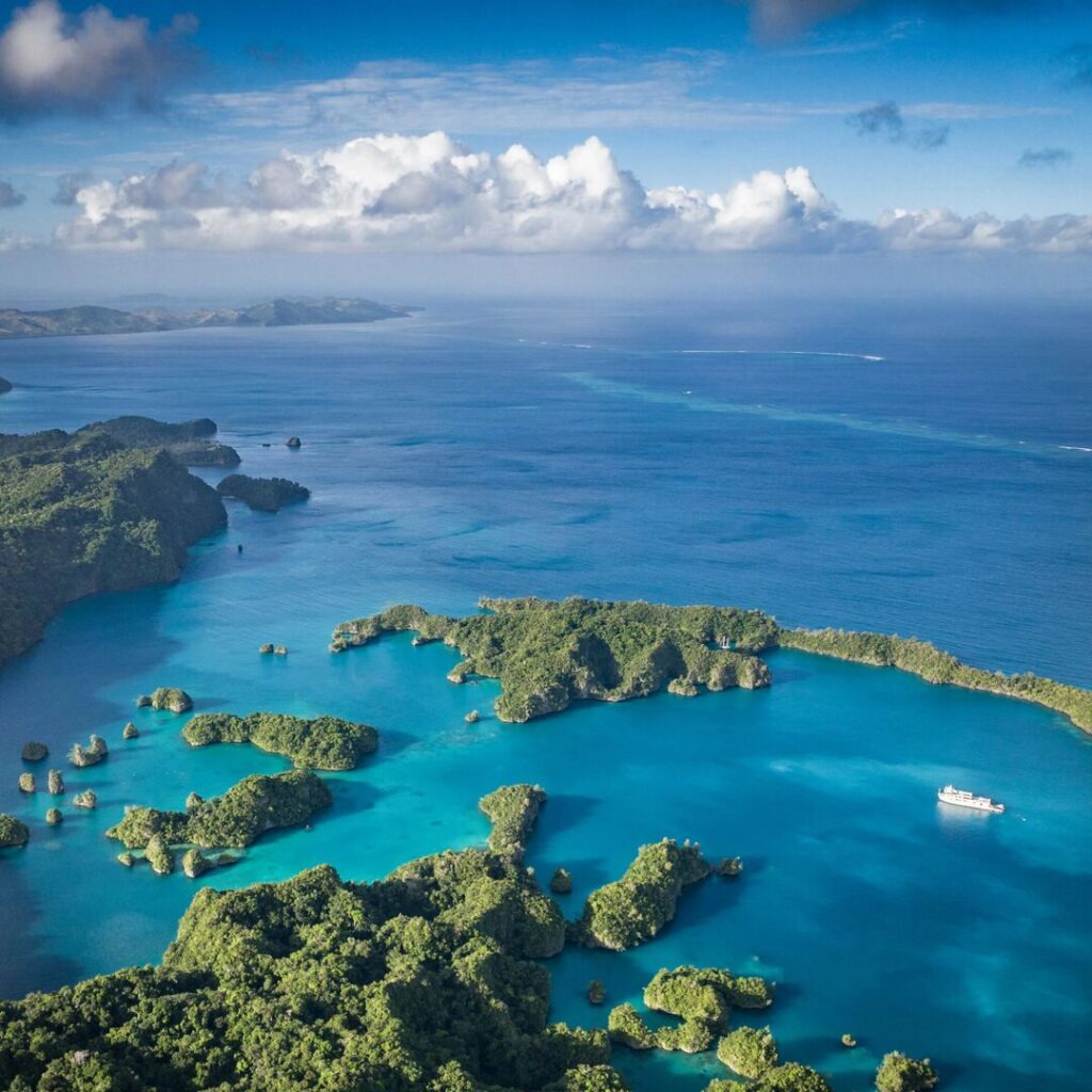 Superyacht in Fijian islands, drone shot
