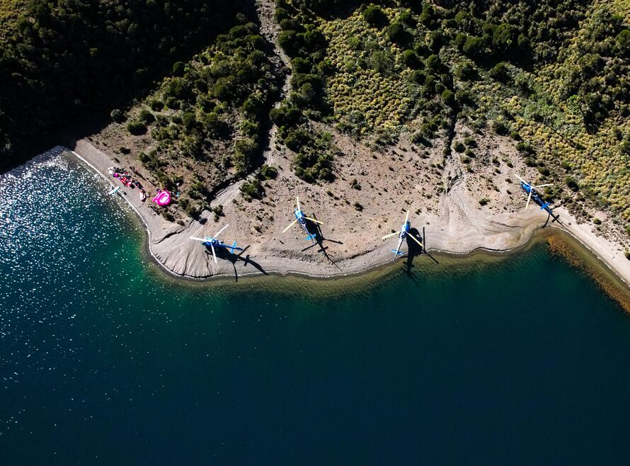 Drone shot of multiple helis at Lake Alice, Kenya